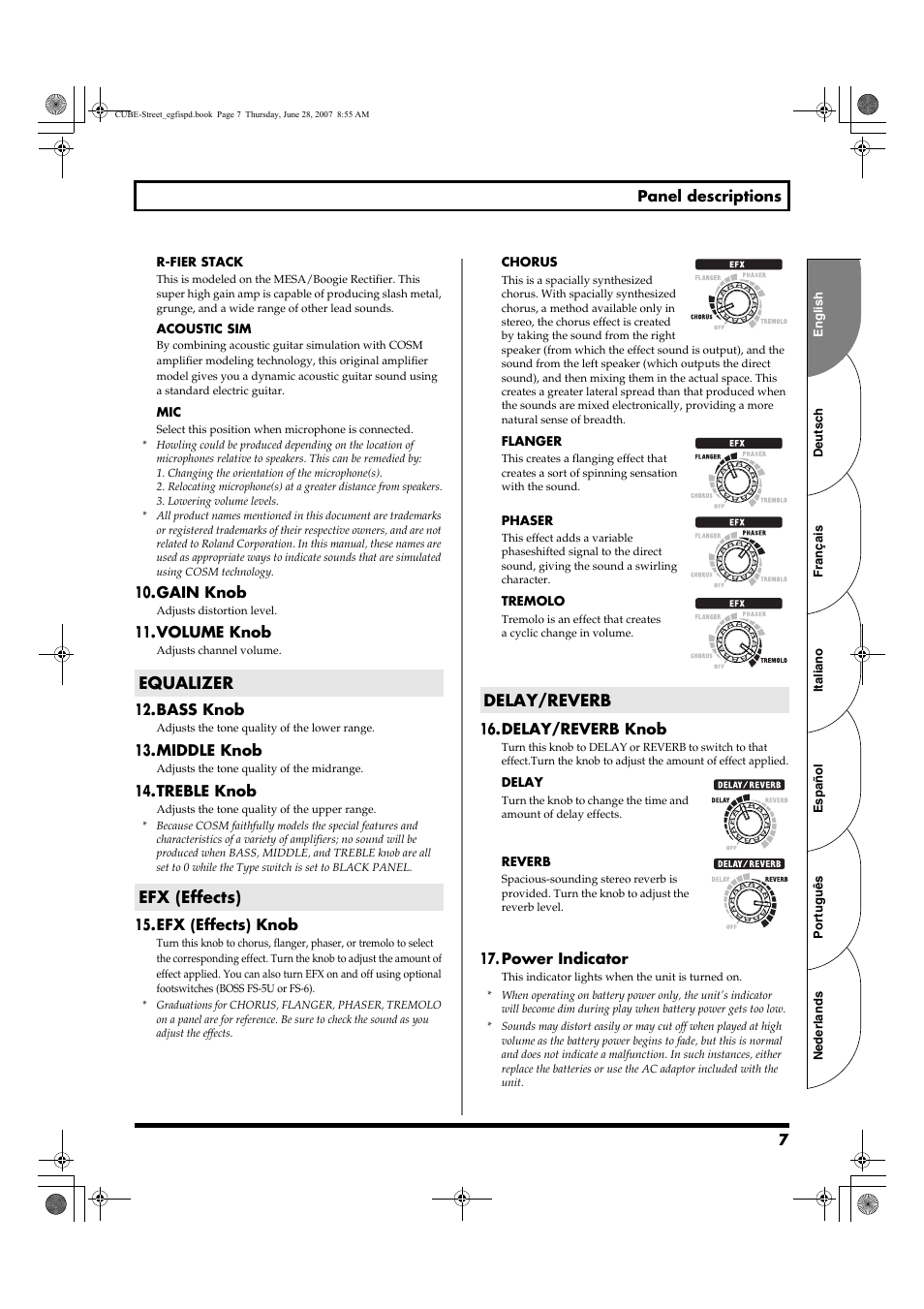 Equalizer efx (effects) delay/reverb | Roland CUBE STREET User Manual | Page 7 / 44