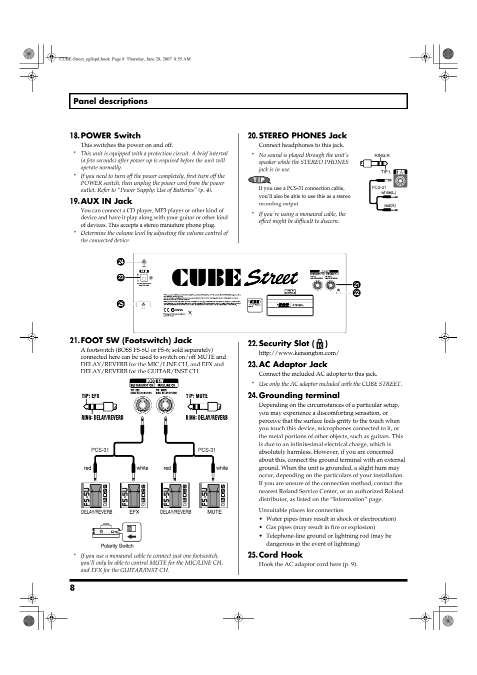 8panel descriptions 18. power switch, Aux in jack, Stereo phones jack | Foot sw (footswitch) jack, Security slot ( ), Ac adaptor jack, Grounding terminal, Cord hook | Roland CUBE STREET User Manual | Page 8 / 44