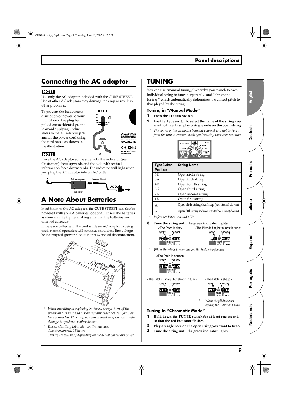 Connecting the ac adaptor, A note about batteries, Tuning | Roland CUBE STREET User Manual | Page 9 / 44
