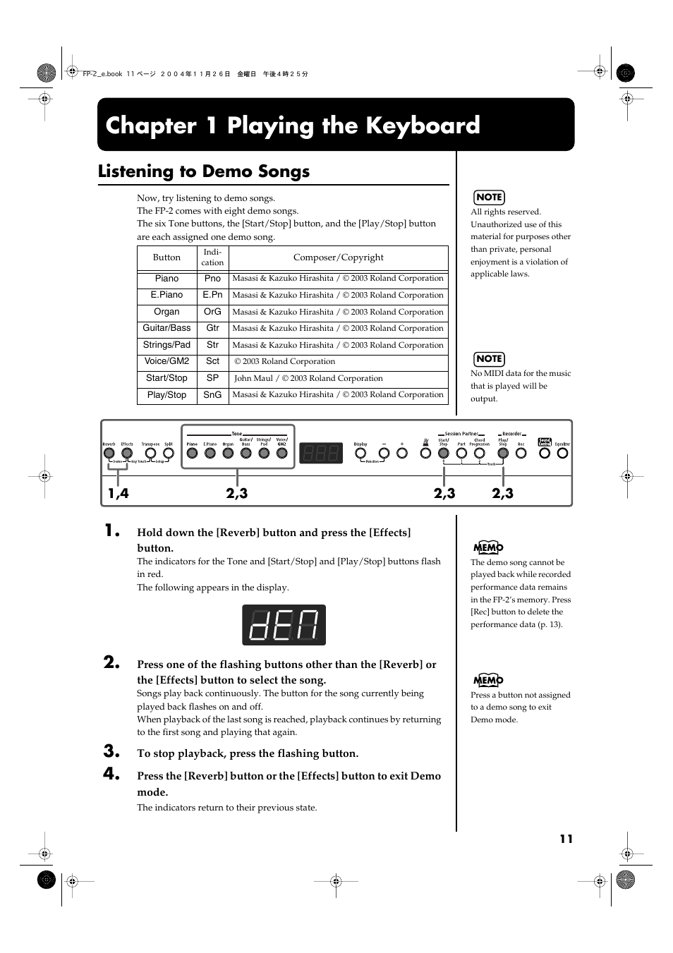 Chapter 1 playing the keyboard, Listening to demo songs, Effects] button to listen demo song (p. 11) | Roland FP-2 User Manual | Page 11 / 76