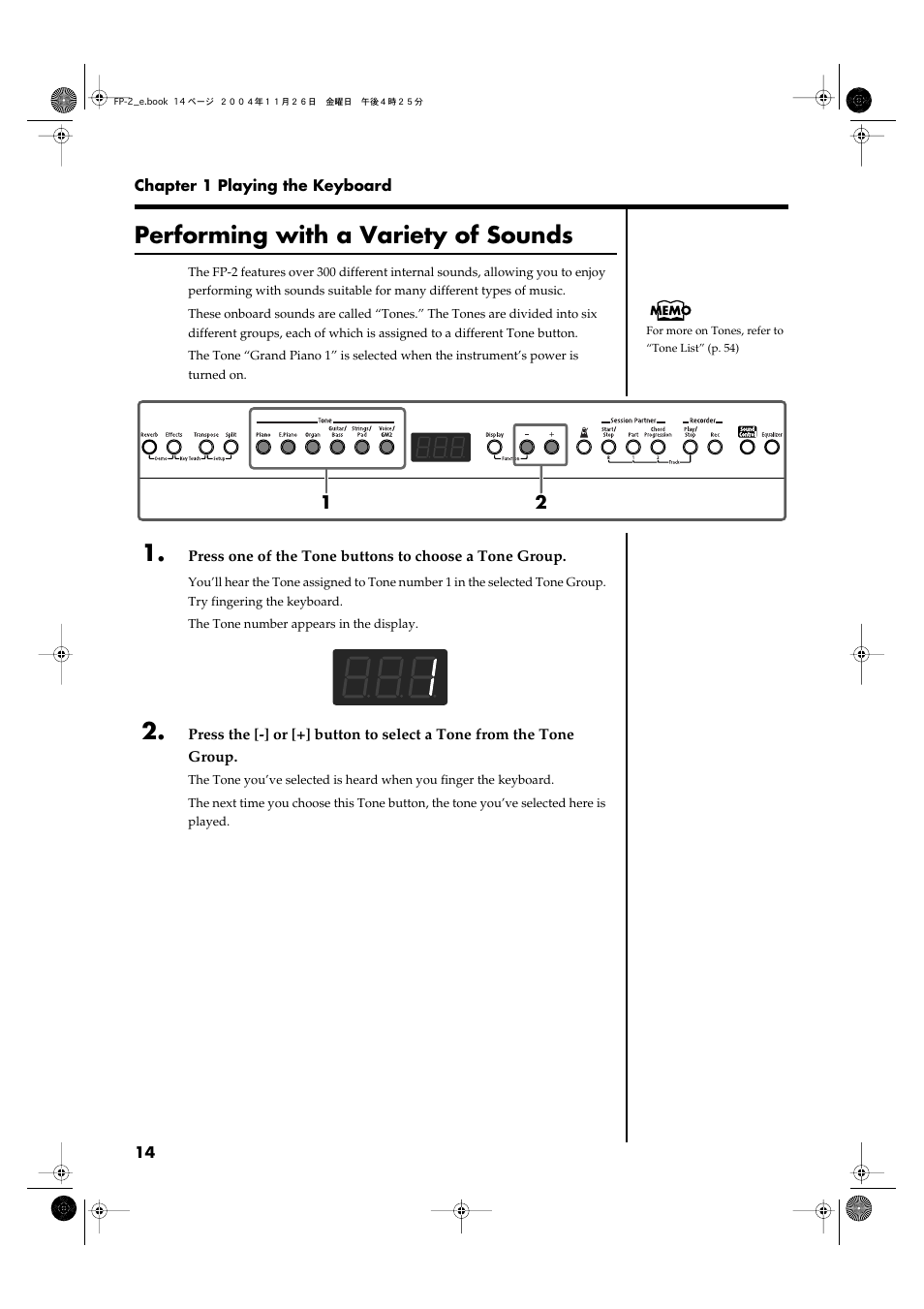 Performing with a variety of sounds, Played by the keyboard (p. 14) | Roland FP-2 User Manual | Page 14 / 76