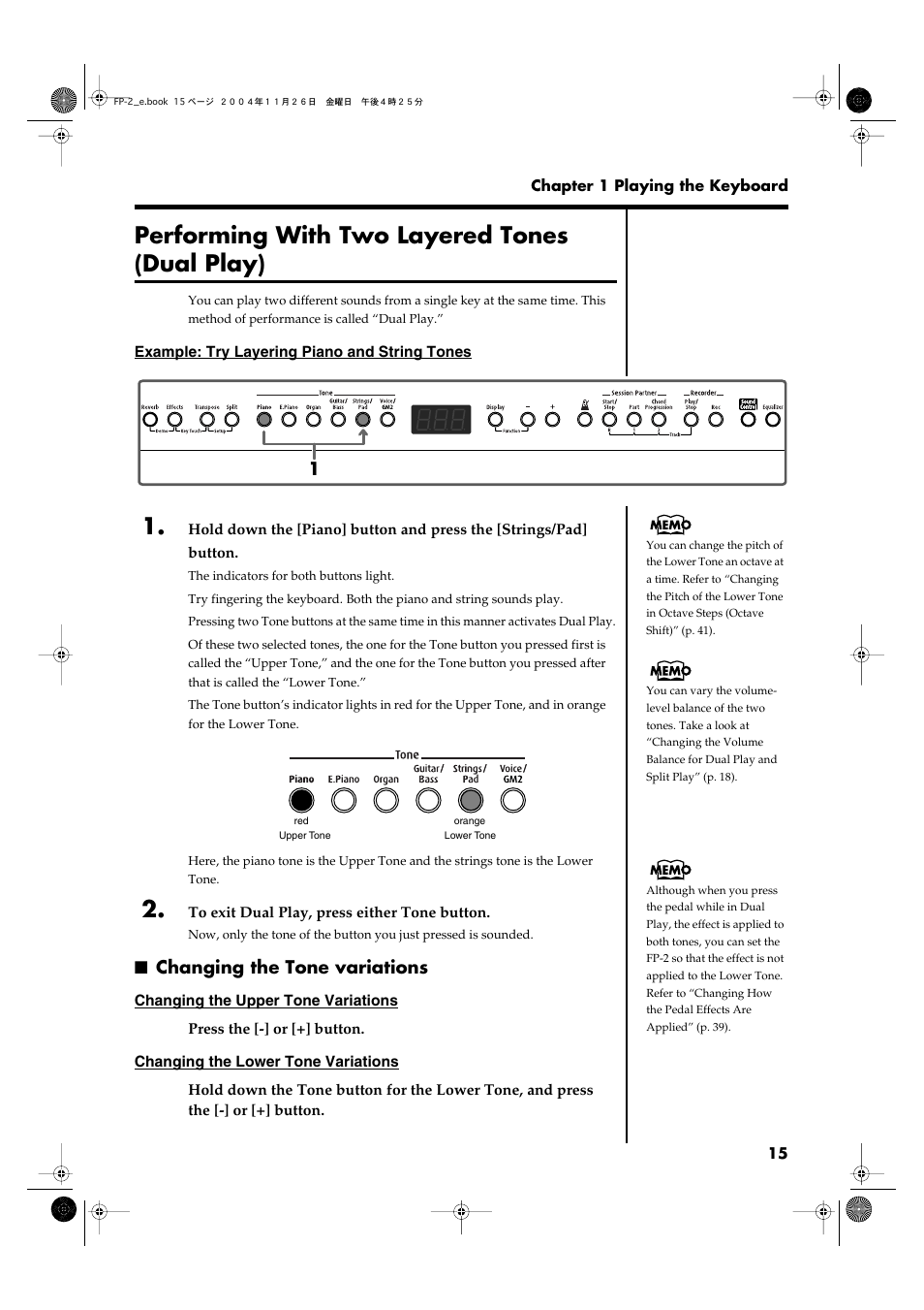 Performing with two layered tones (dual play), Changing the tone variations | Roland FP-2 User Manual | Page 15 / 76