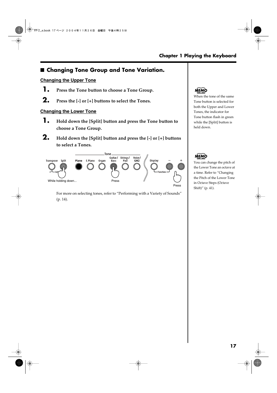 Changing tone group and tone variation | Roland FP-2 User Manual | Page 17 / 76
