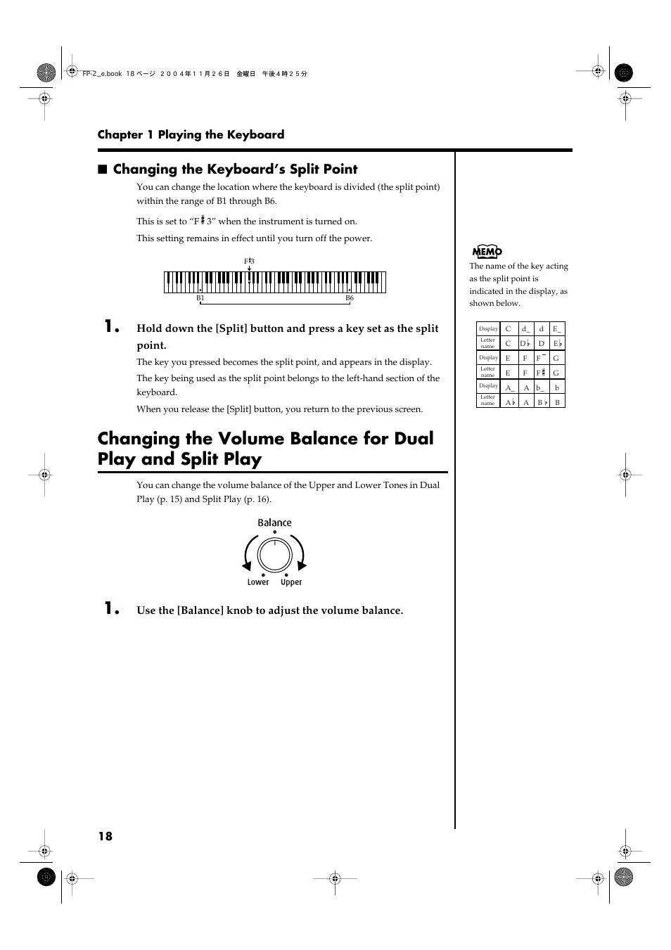 Changing the keyboard’s split point, Dual play and split play (p. 18) | Roland FP-2 User Manual | Page 18 / 76