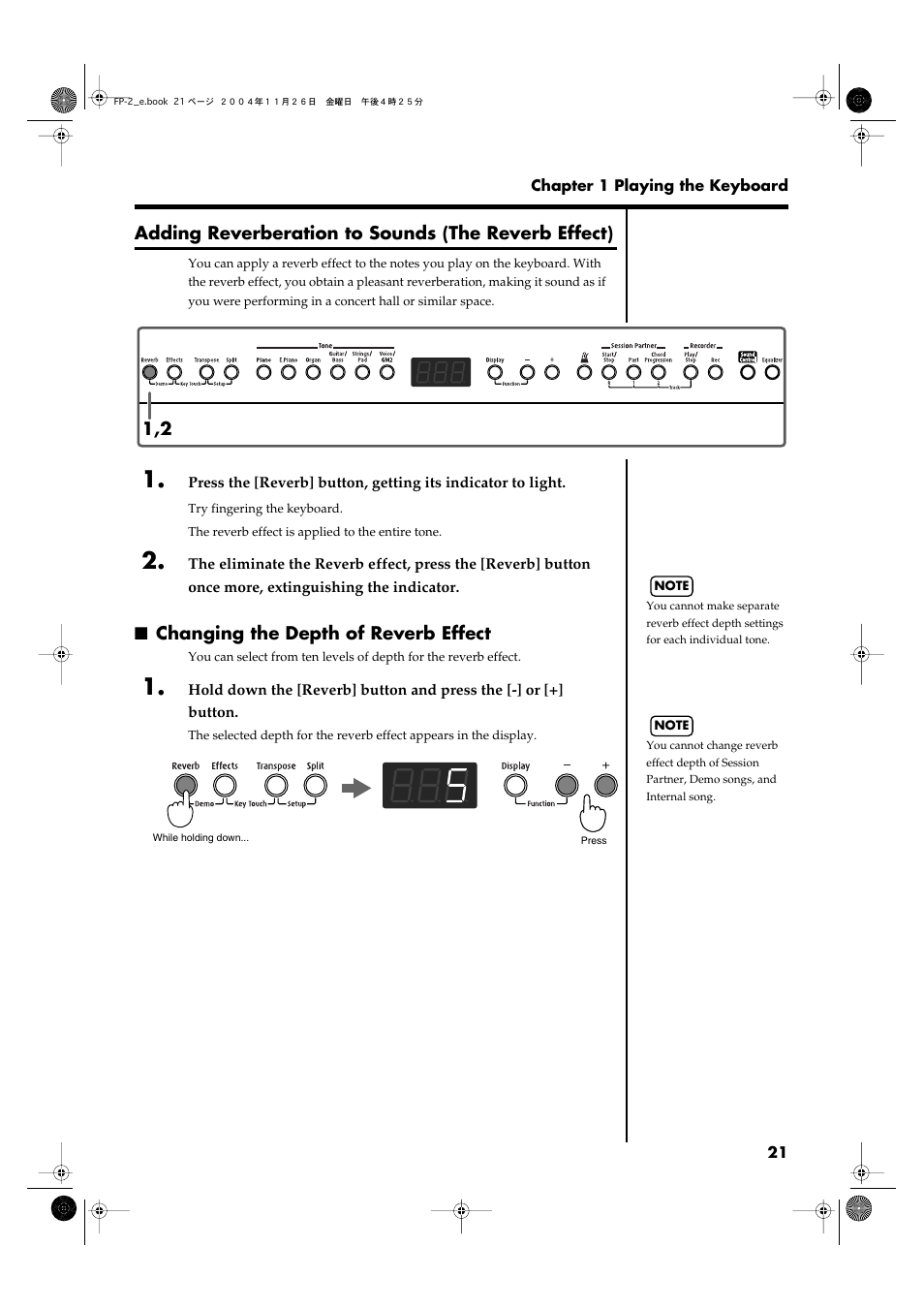 Adding reverberation to sounds (the reverb effect), Changing the depth of reverb effect, Concert hall to what you play (p. 21) | Roland FP-2 User Manual | Page 21 / 76