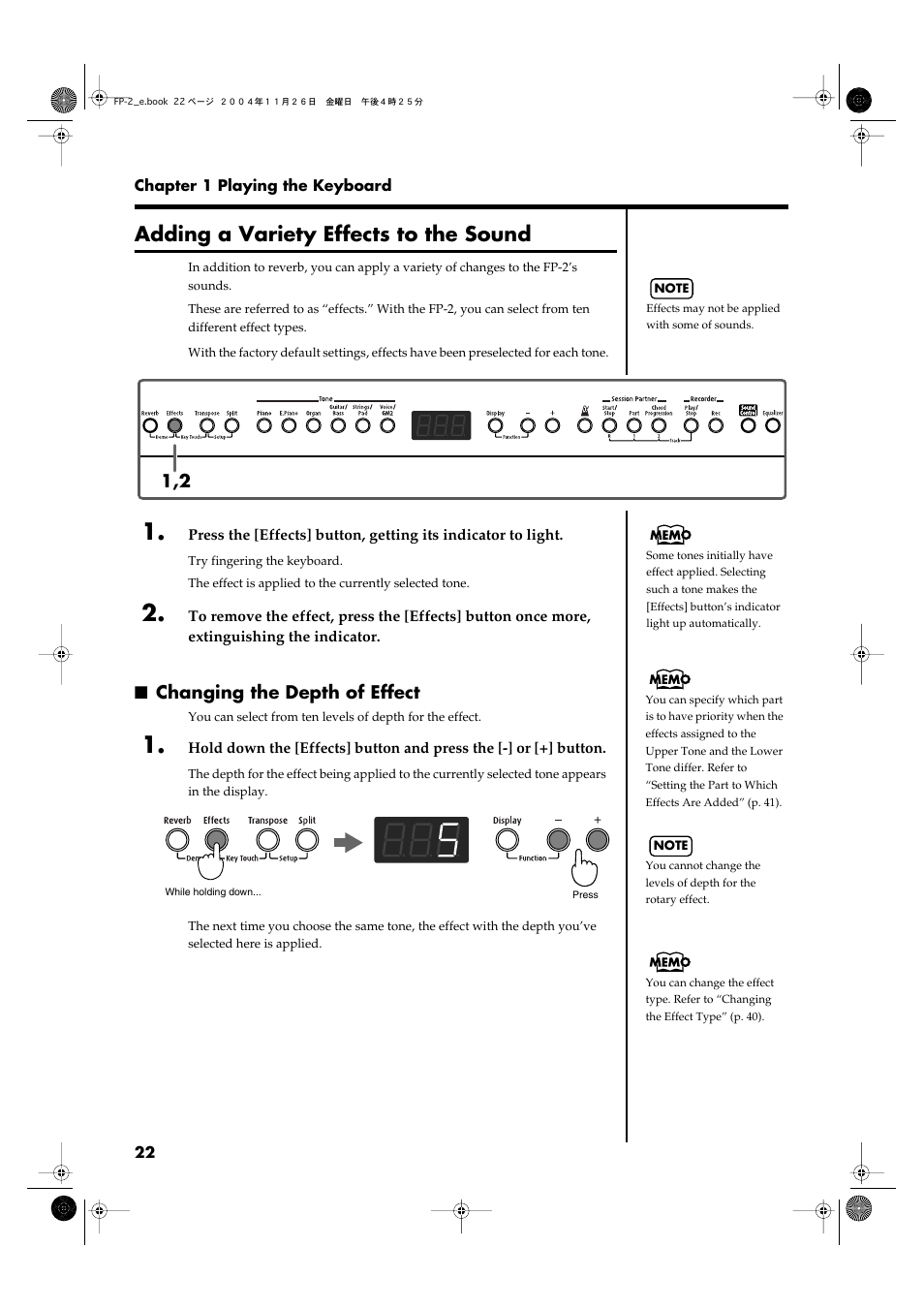 Adding a variety effects to the sound, Changing the depth of effect, P. 22) | Roland FP-2 User Manual | Page 22 / 76