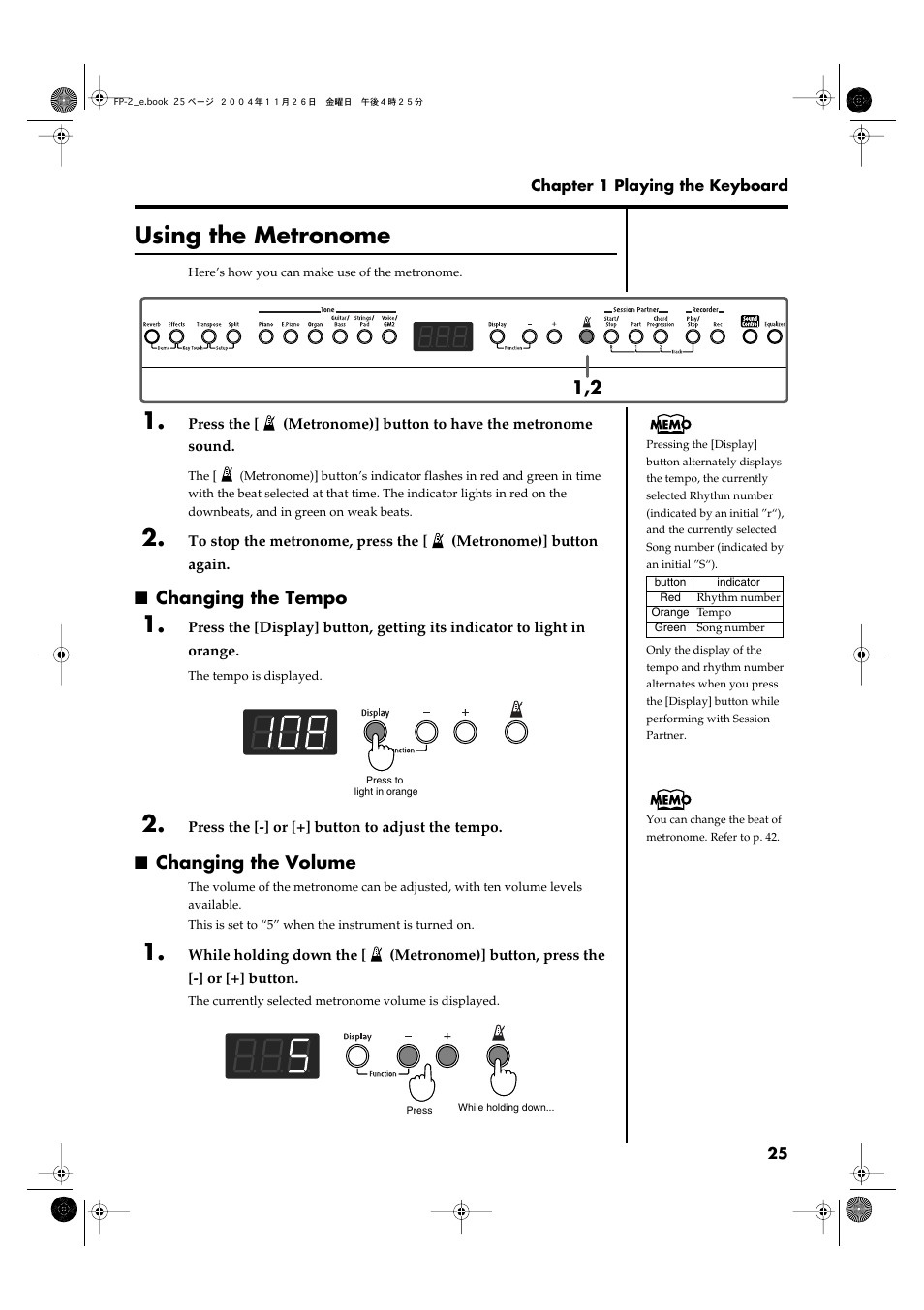 Using the metronome, Changing the tempo, Changing the volume | Changing the tempo changing the volume, P. 12, p. 25, p. 29), Turns the internal metronome on and off (p. 25) | Roland FP-2 User Manual | Page 25 / 76