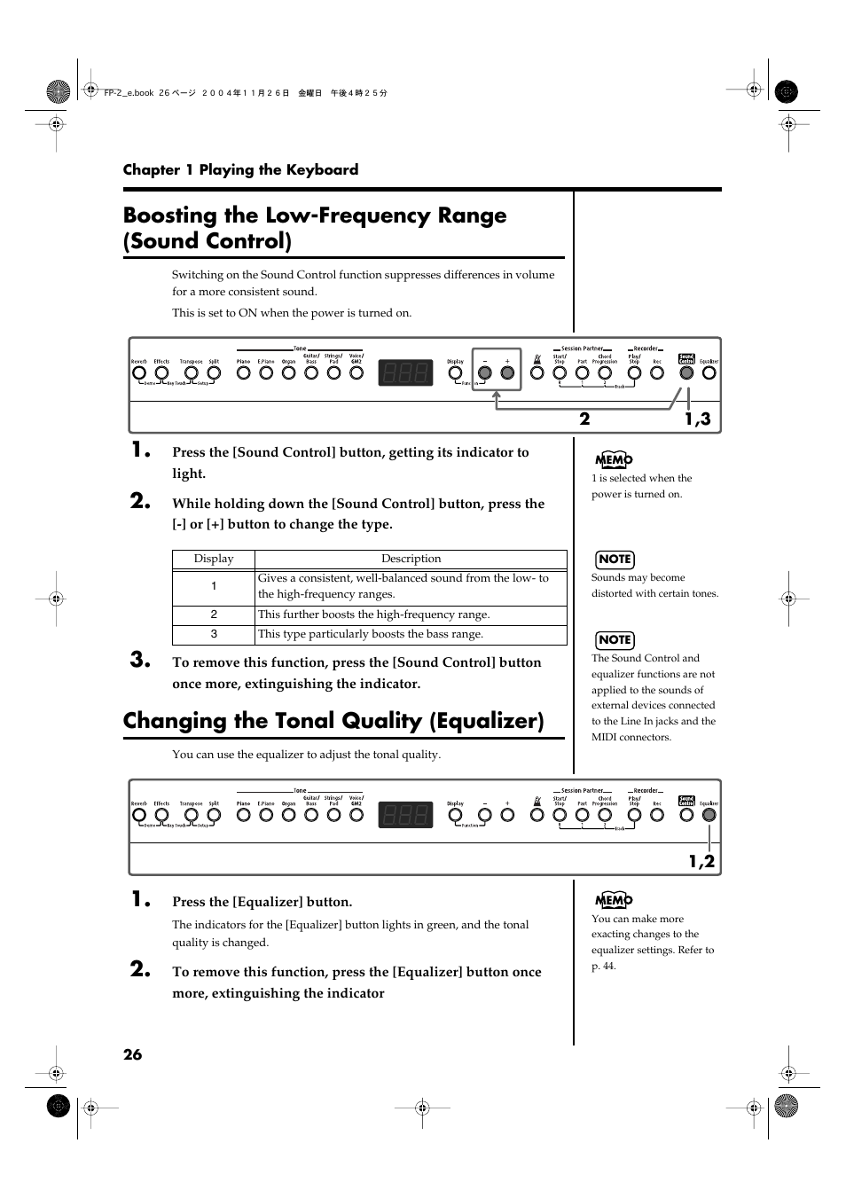 Boosting the low-frequency range (sound control), Changing the tonal quality (equalizer), Switches the equalizer on or off (p. 26) | Roland FP-2 User Manual | Page 26 / 76