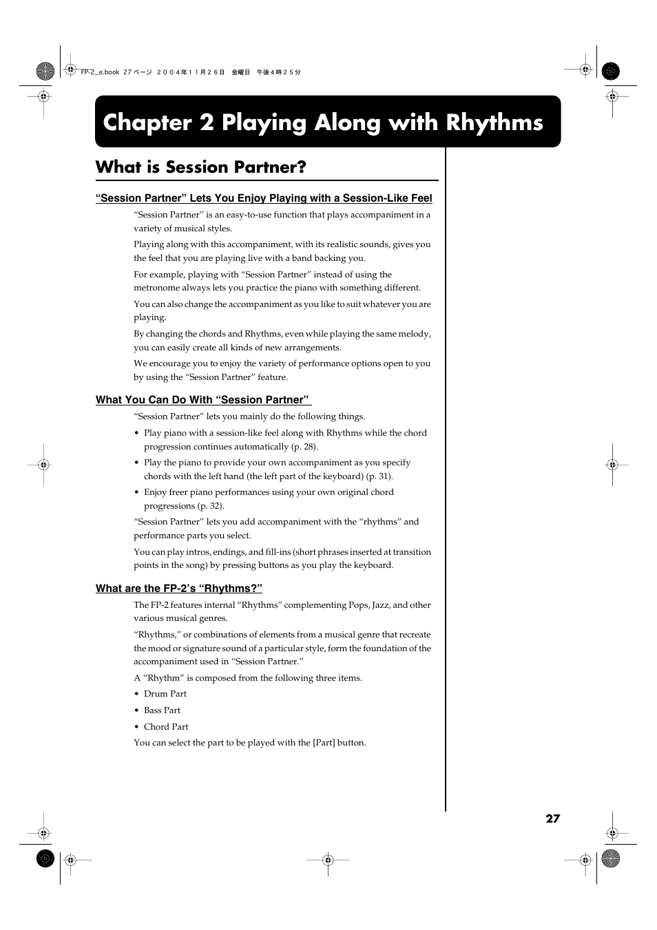 Chapter 2 playing along with rhythms, What is session partner, Chapter 2 | Playing along with rhythms | Roland FP-2 User Manual | Page 27 / 76