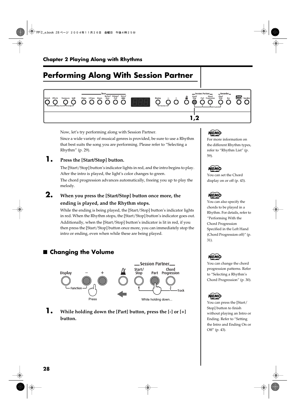 Performing along with session partner, Changing the volume, Switches the session partner start or stop (p. 28) | Roland FP-2 User Manual | Page 28 / 76