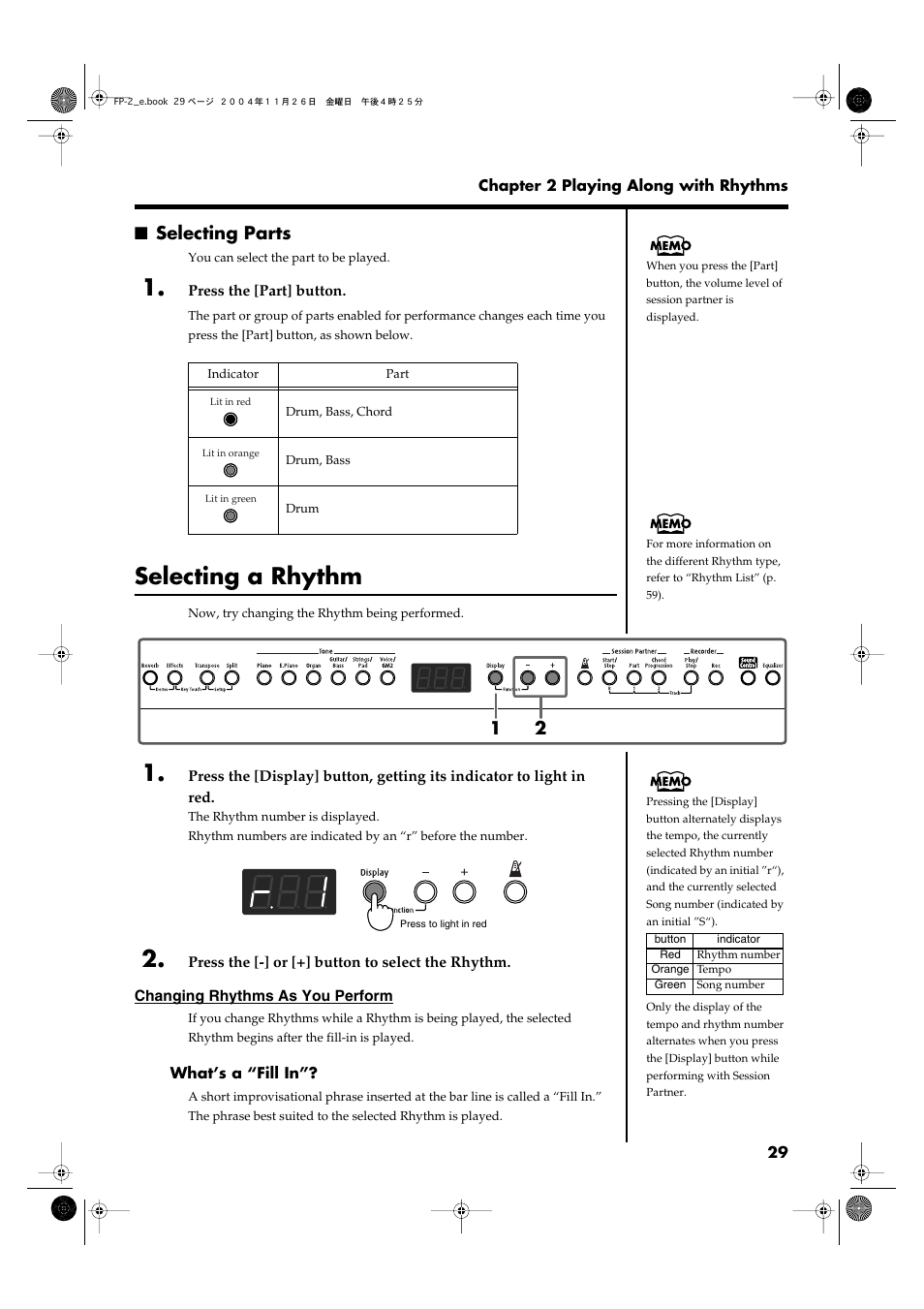 Selecting parts, Selecting a rhythm, The different rhythm types | Roland FP-2 User Manual | Page 29 / 76