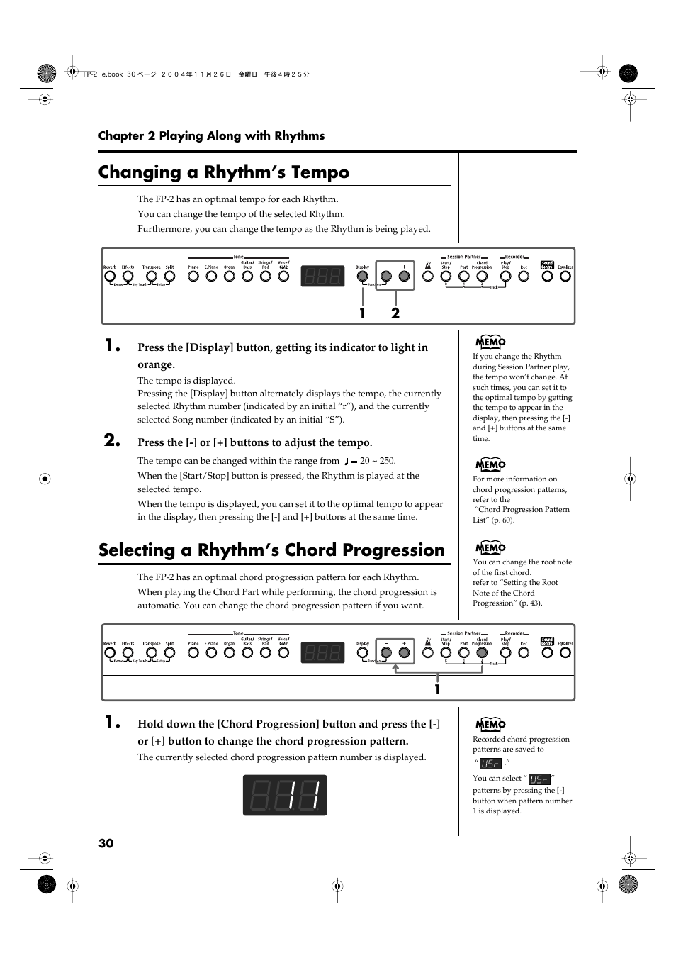 Changing a rhythm’s tempo, Selecting a rhythm’s chord progression | Roland FP-2 User Manual | Page 30 / 76