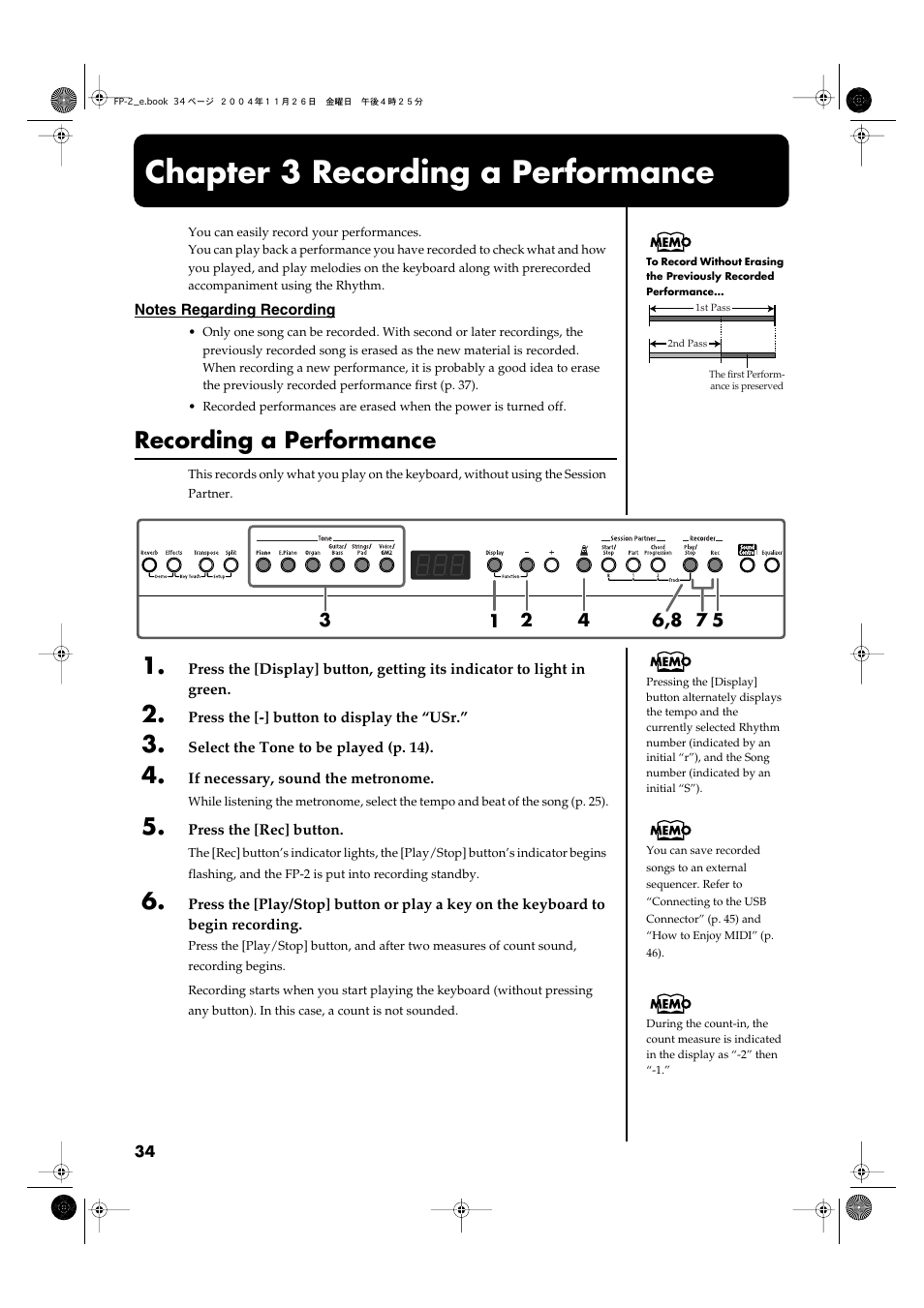 Chapter 3 recording a performance, Recording a performance, Performances (p. 34) | Roland FP-2 User Manual | Page 34 / 76