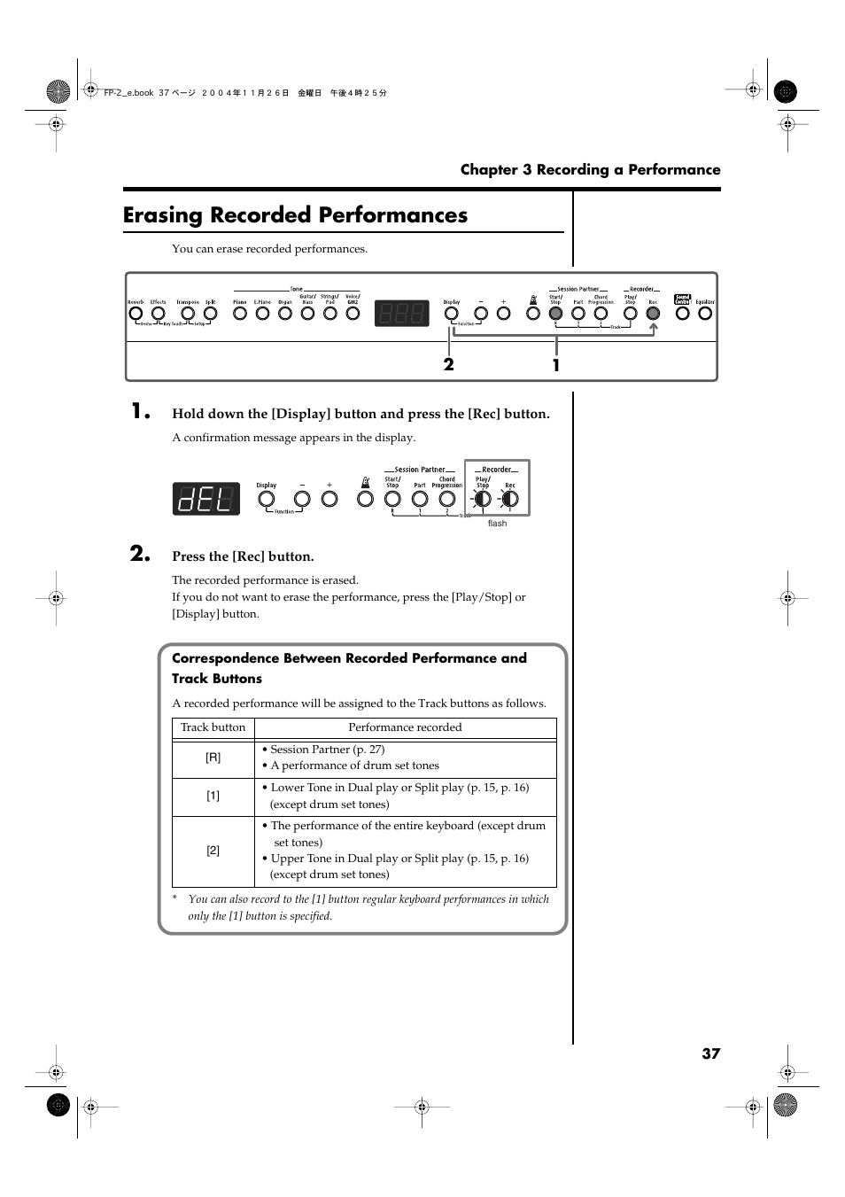 Erasing recorded performances, The previously recorded performance first (p. 37) | Roland FP-2 User Manual | Page 37 / 76