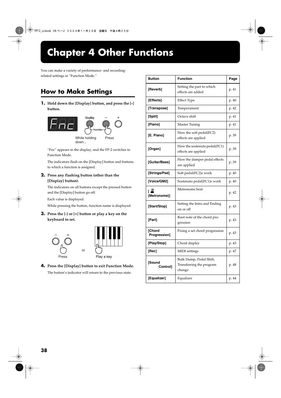 Chapter 4 other functions, How to make settings | Roland FP-2 User Manual | Page 38 / 76
