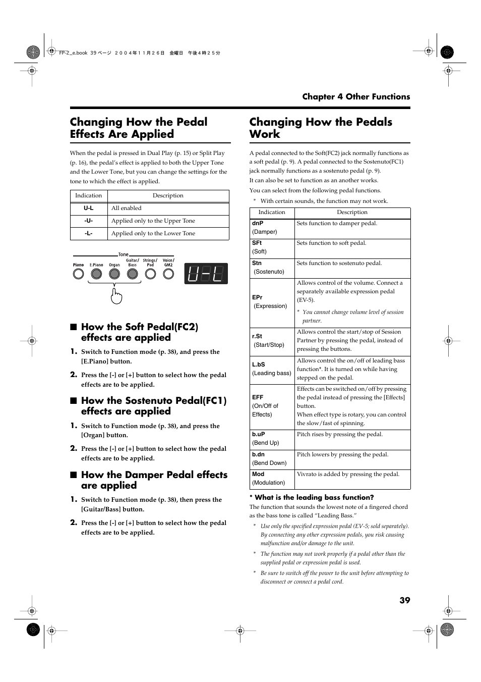 Changing how the pedal effects are applied, How the soft pedal(fc2) effects are applied, How the sostenuto pedal(fc1) effects are applied | How the damper pedal effects are applied, Changing how the pedals work, P. 39, p. 48), As an another works (p. 39, p. 48), P. 39 | Roland FP-2 User Manual | Page 39 / 76