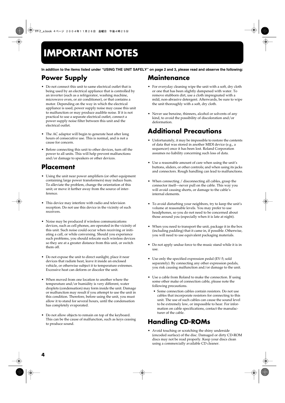 Important notes, Power supply, Placement | Maintenance, Additional precautions, Handling cd-roms | Roland FP-2 User Manual | Page 4 / 76