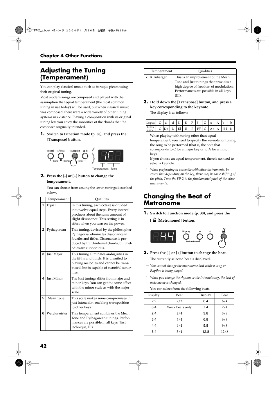 Adjusting the tuning (temperament), Changing the beat of metronome, P. 42 | Roland FP-2 User Manual | Page 42 / 76