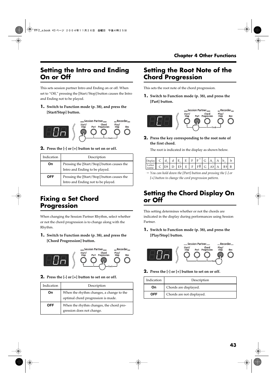 Setting the intro and ending on or off, Fixing a set chord progression, Setting the root note of the chord progression | Setting the chord display on or off, Display on or off (p. 43), P. 43 | Roland FP-2 User Manual | Page 43 / 76