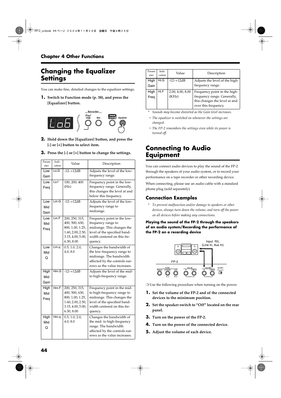 Changing the equalizer settings, Connecting to audio equipment, Audio equipment and other such devices (p. 44) | P. 44 | Roland FP-2 User Manual | Page 44 / 76