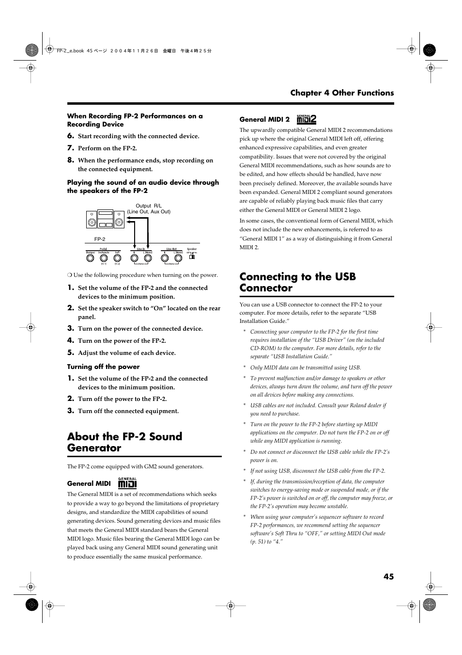 About the fp-2 sound generator, Connecting to the usb connector, Cable (p. 45) | Connecting to the usb connector” (p. 45) and | Roland FP-2 User Manual | Page 45 / 76