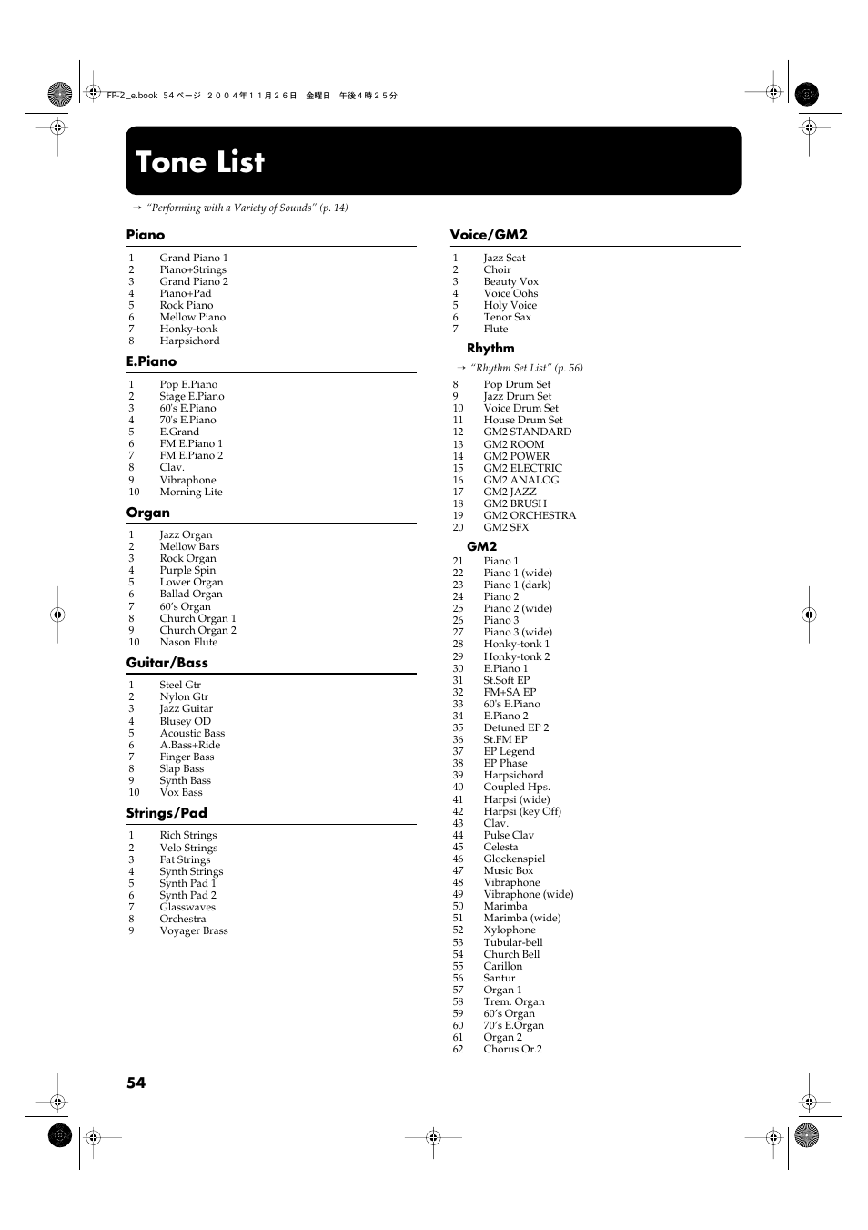 Tone list | Roland FP-2 User Manual | Page 54 / 76