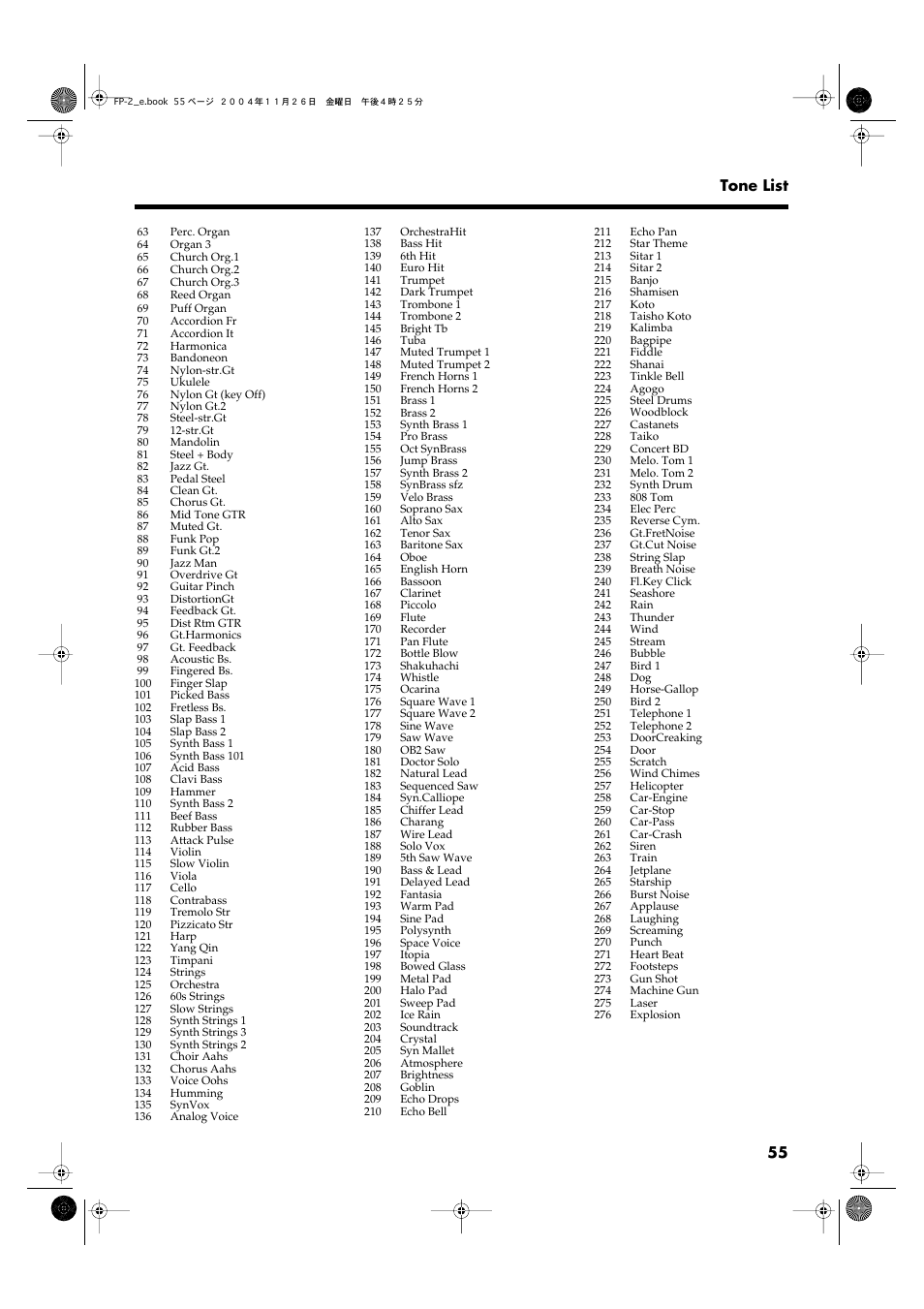 55 tone list | Roland FP-2 User Manual | Page 55 / 76