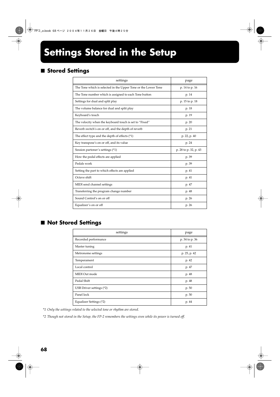 Settings stored in the setup, Stored settings, Not stored settings | Stored settings ■ not stored settings | Roland FP-2 User Manual | Page 68 / 76