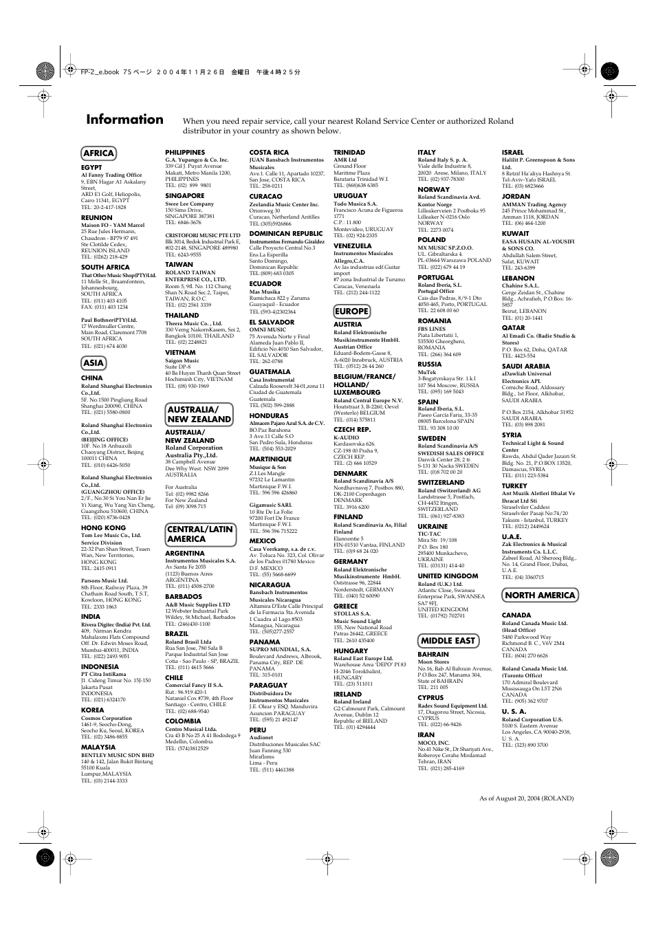 Information | Roland FP-2 User Manual | Page 75 / 76