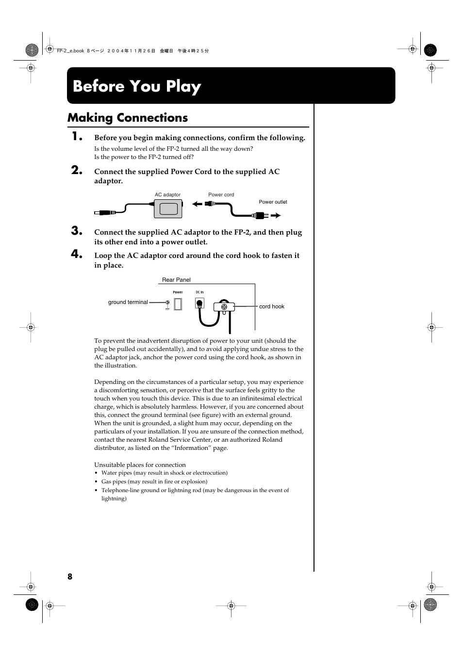 Before you play, Making connections, Connect the supplied ac adaptor here (p. 8) | Adaptor (p. 8), Making connections 1 | Roland FP-2 User Manual | Page 8 / 76