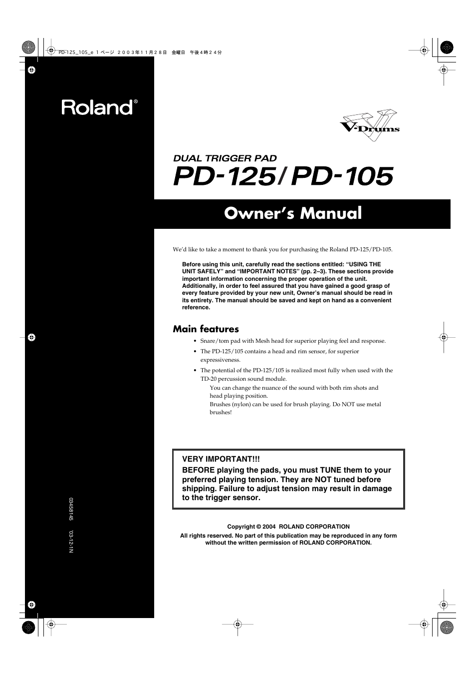 Roland PD-125/PD-105 User Manual | 8 pages