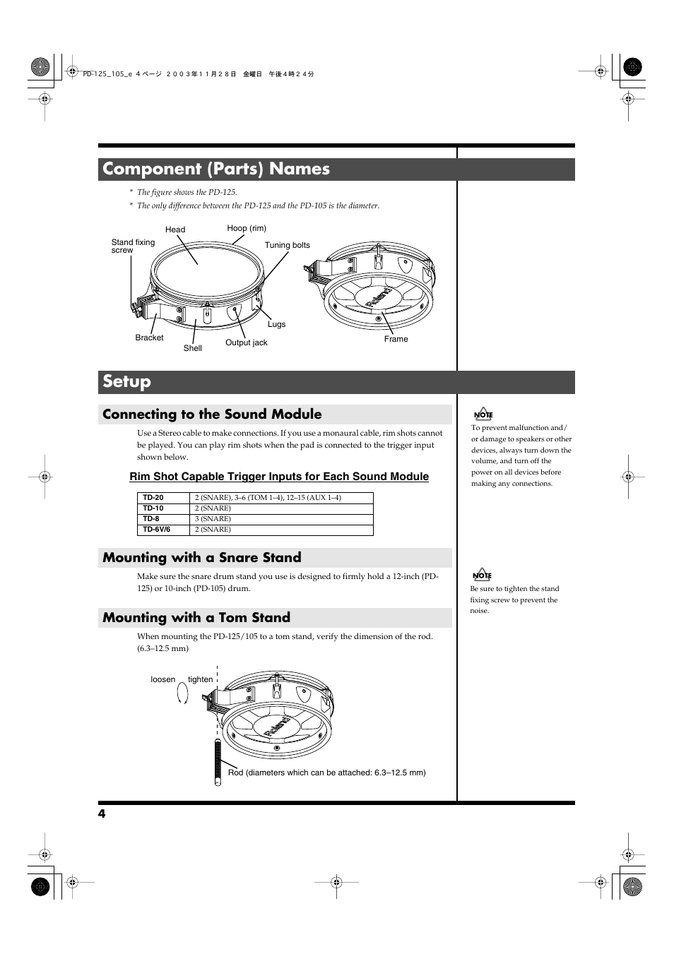Component (parts) names, Setup, Connecting to the sound module | Mounting with a snare stand, Mounting with a tom stand, Component (parts) names setup | Roland PD-125/PD-105 User Manual | Page 4 / 8