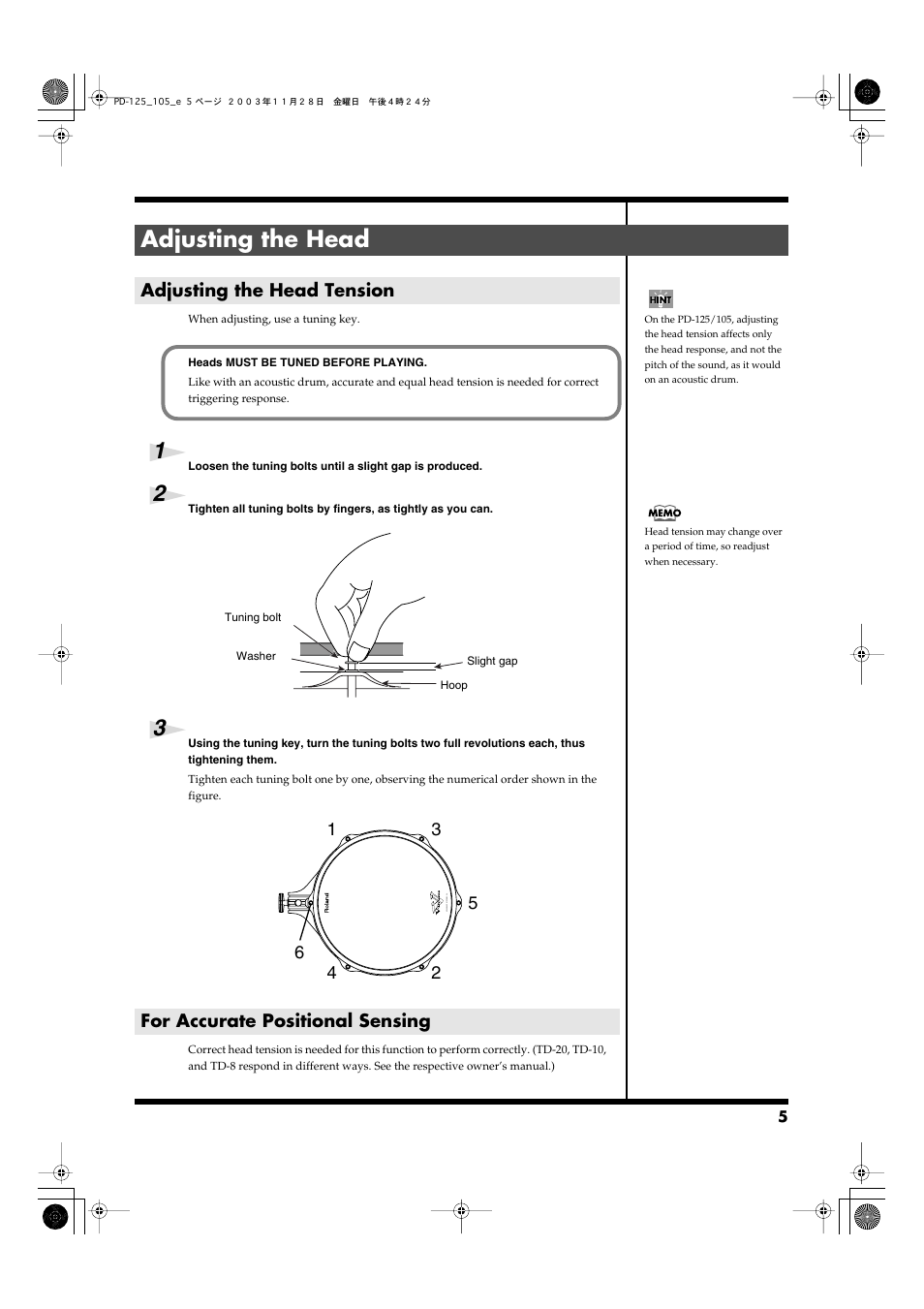 Adjusting the head, Adjusting the head tension, For accurate positional sensing | Roland PD-125/PD-105 User Manual | Page 5 / 8