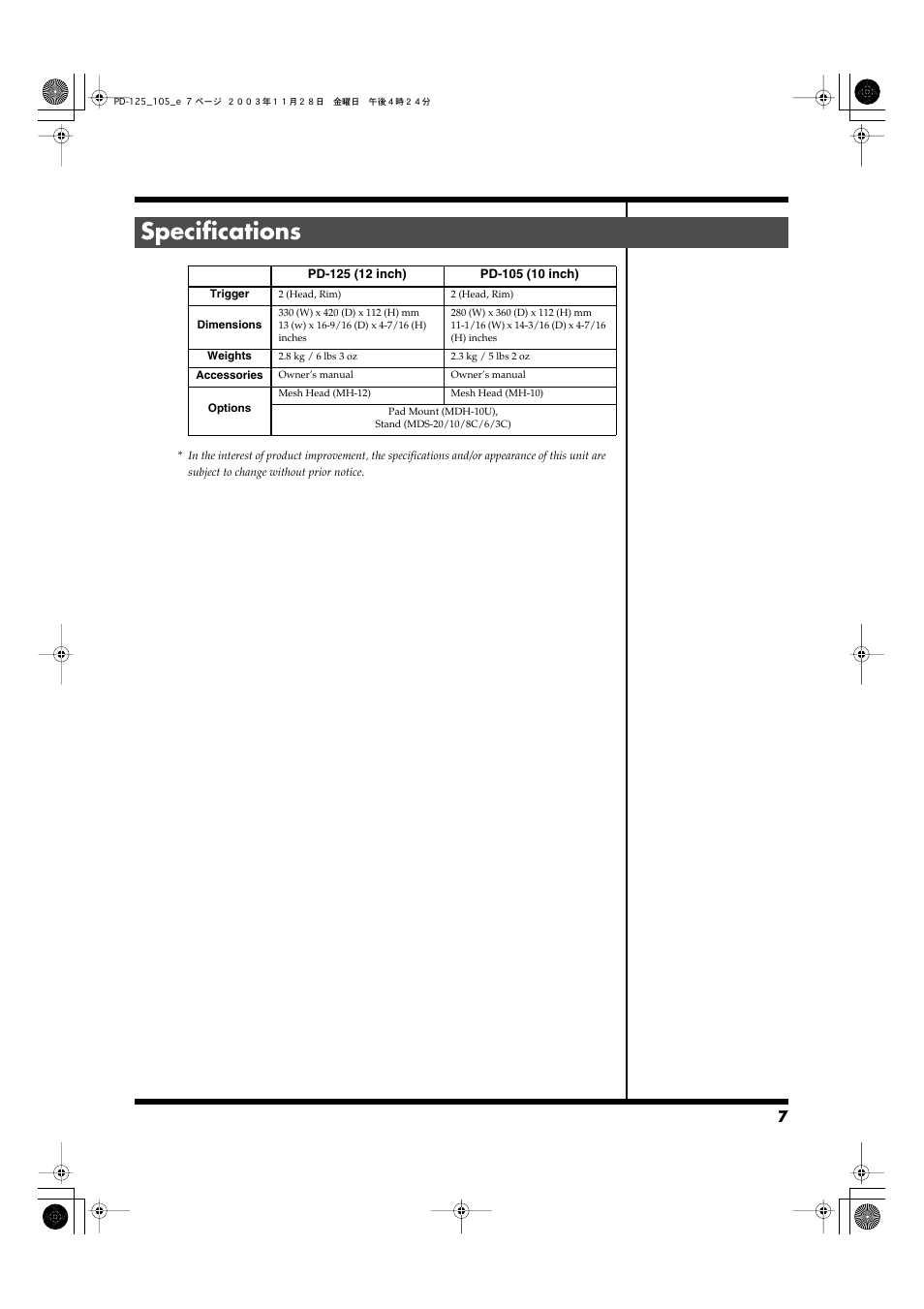 Specifications | Roland PD-125/PD-105 User Manual | Page 7 / 8