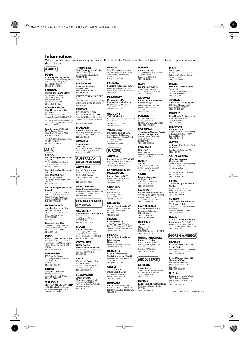 Information | Roland PD-125/PD-105 User Manual | Page 8 / 8