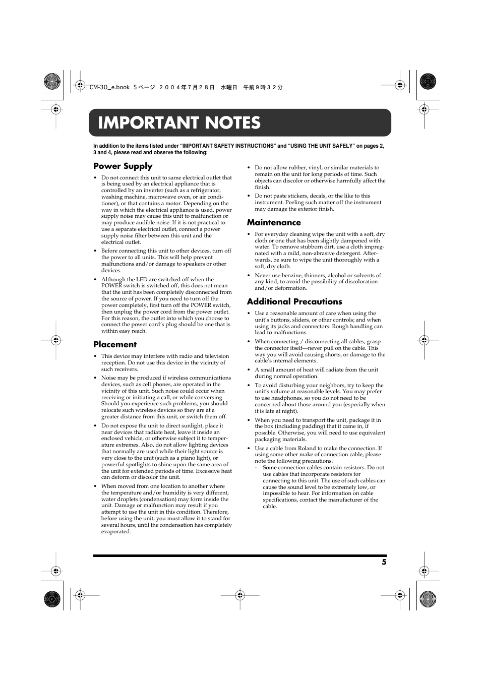 Important notes, Power supply, Placement | Maintenance, Additional precautions | Roland CM-30 User Manual | Page 5 / 16