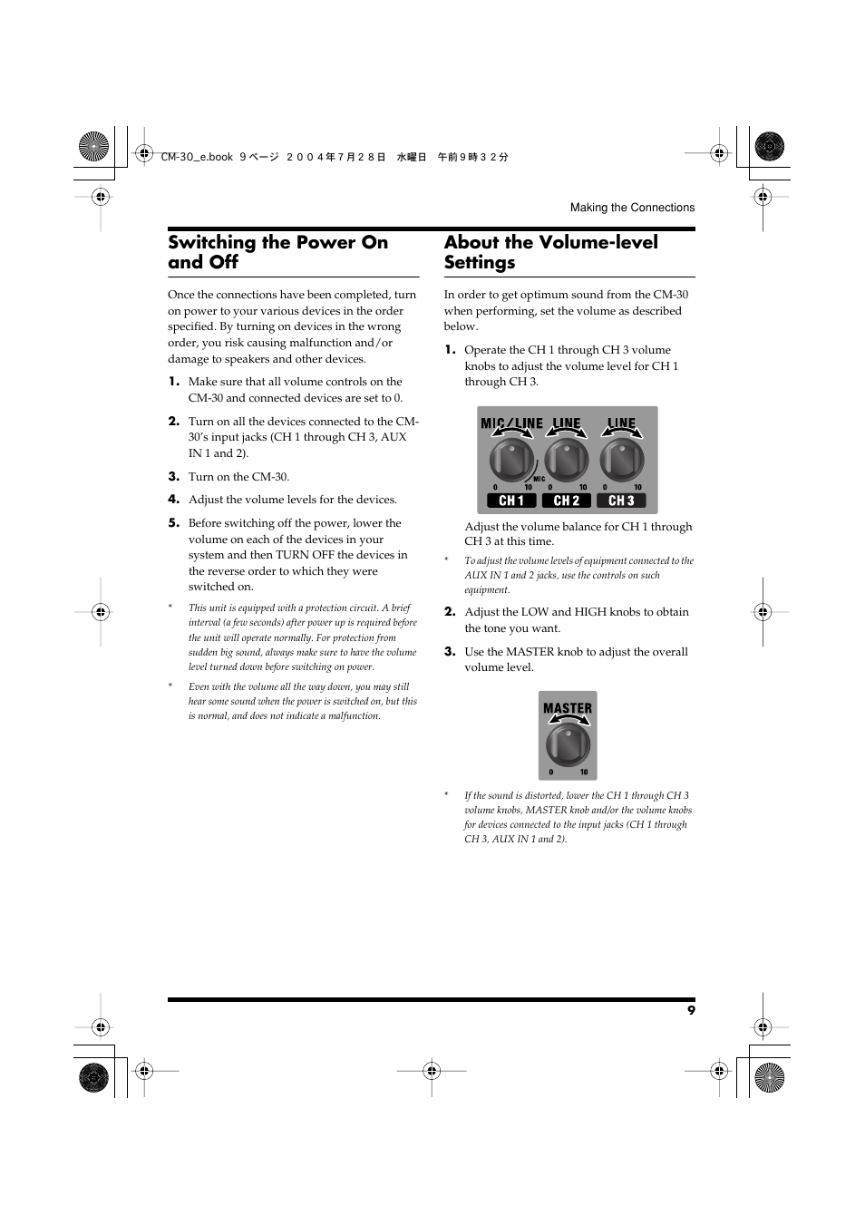 Switching the power on and off, About the volume-level settings | Roland CM-30 User Manual | Page 9 / 16