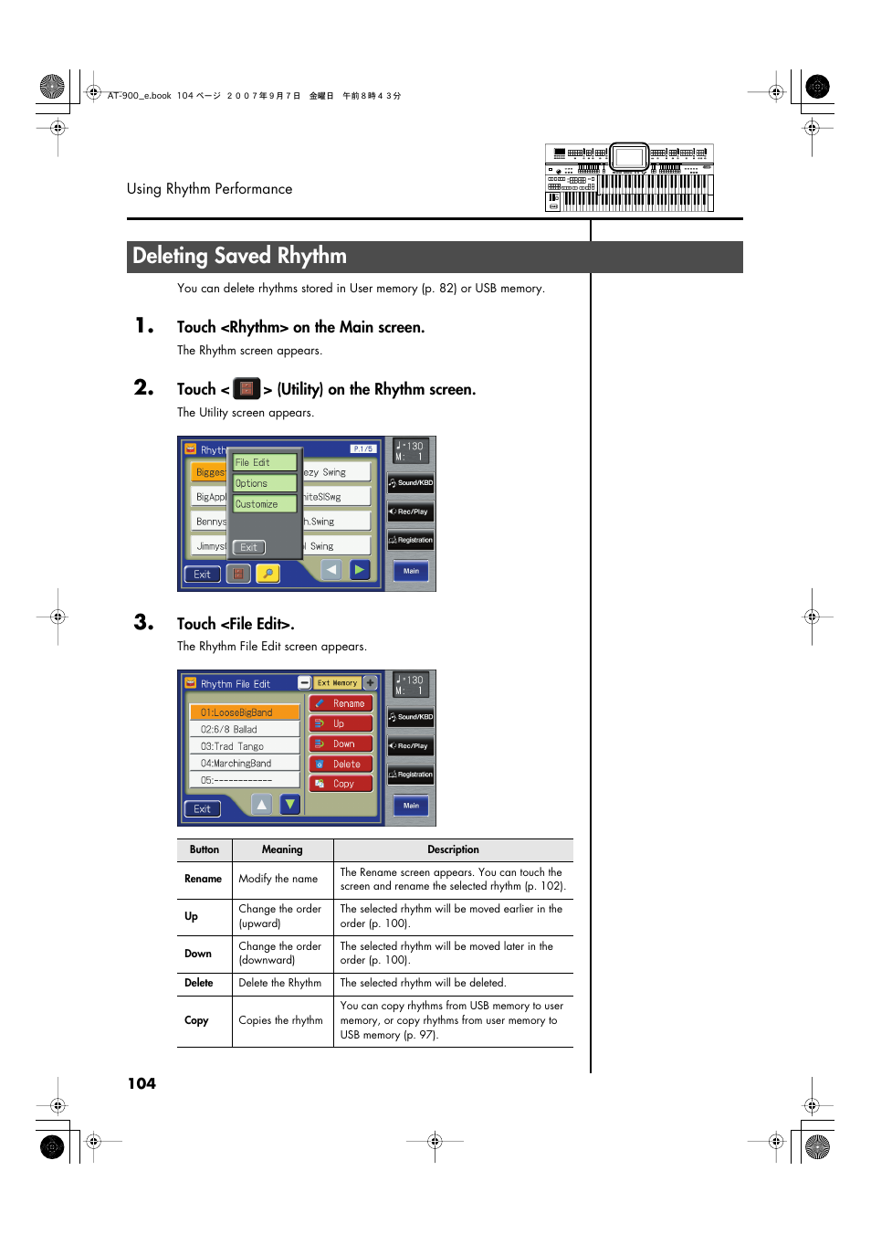Deleting saved rhythm, Touch <rhythm> on the main screen, Touch < > (utility) on the rhythm screen | Touch <file edit | Roland AT900C User Manual | Page 106 / 300