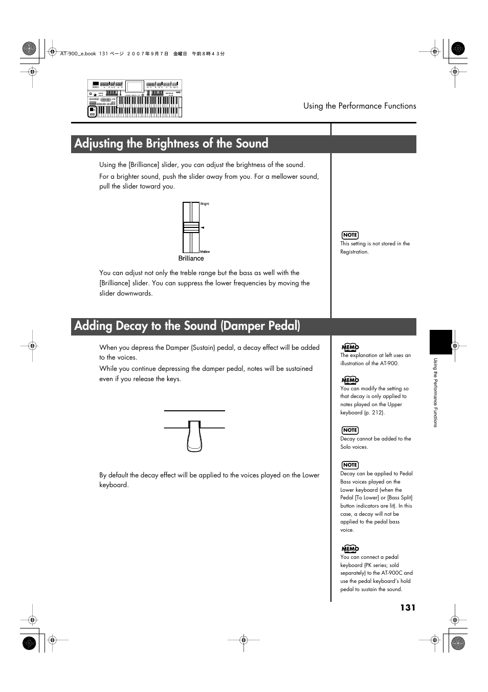 Adjusting the brightness of the sound, Adding decay to the sound (damper pedal), P. 131 | Roland AT900C User Manual | Page 133 / 300
