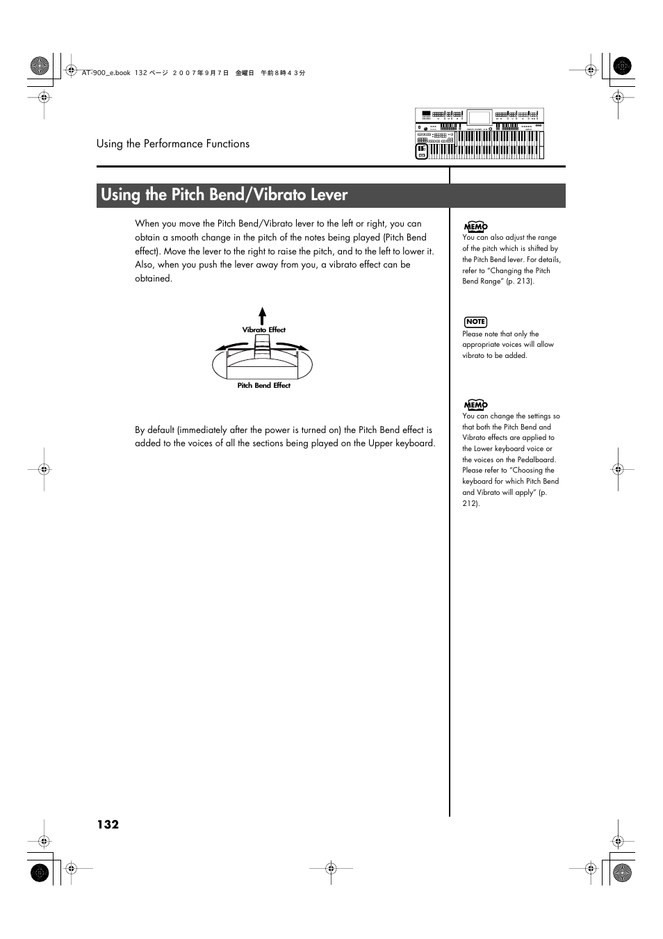 Using the pitch bend/vibrato lever, P. 132 | Roland AT900C User Manual | Page 134 / 300