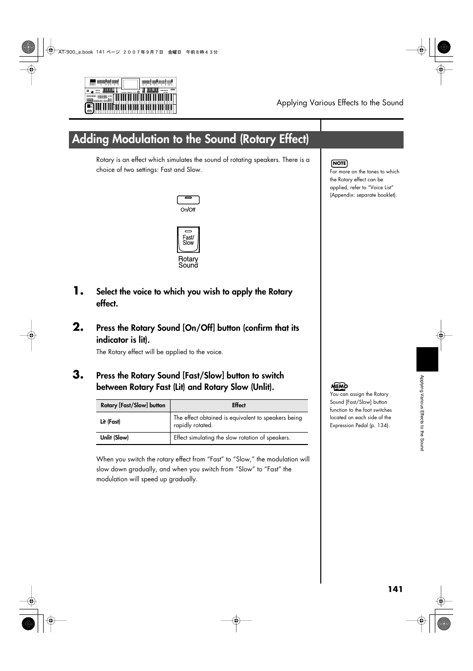 Adding modulation to the sound (rotary effect), P. 141 | Roland AT900C User Manual | Page 143 / 300