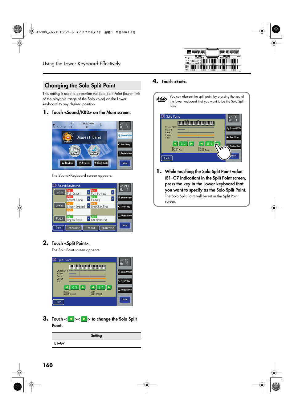 Changing the solo split point, Point (p. 160) | Roland AT900C User Manual | Page 162 / 300