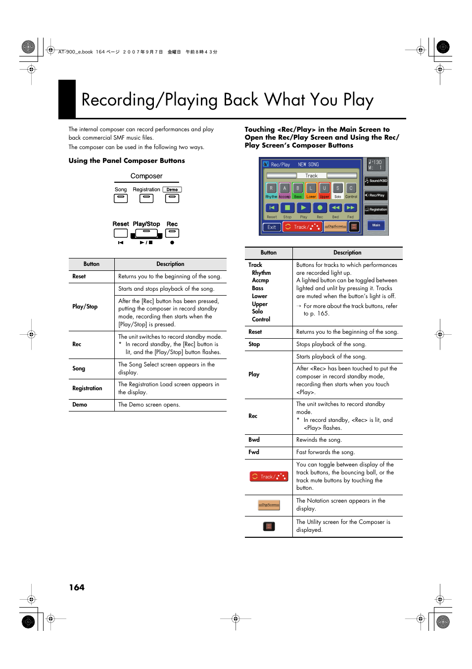 Recording/playing back what you play, P. 164 | Roland AT900C User Manual | Page 166 / 300