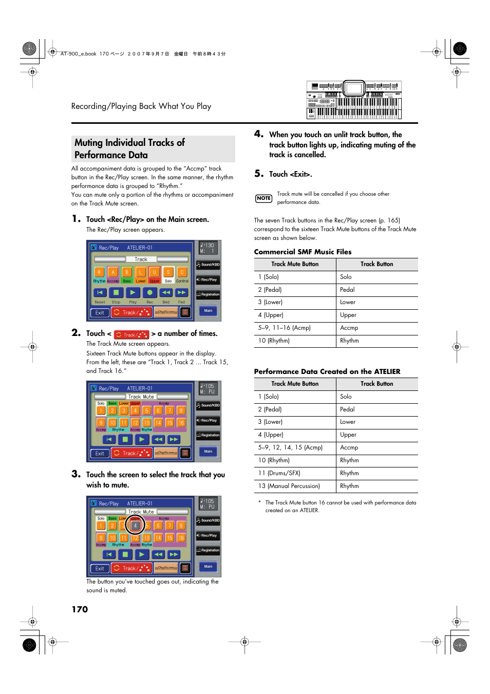 Muting individual tracks of performance data | Roland AT900C User Manual | Page 172 / 300