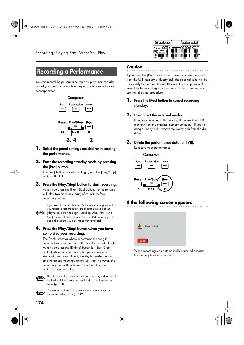 Recording a performance, P. 174 | Roland AT900C User Manual | Page 176 / 300
