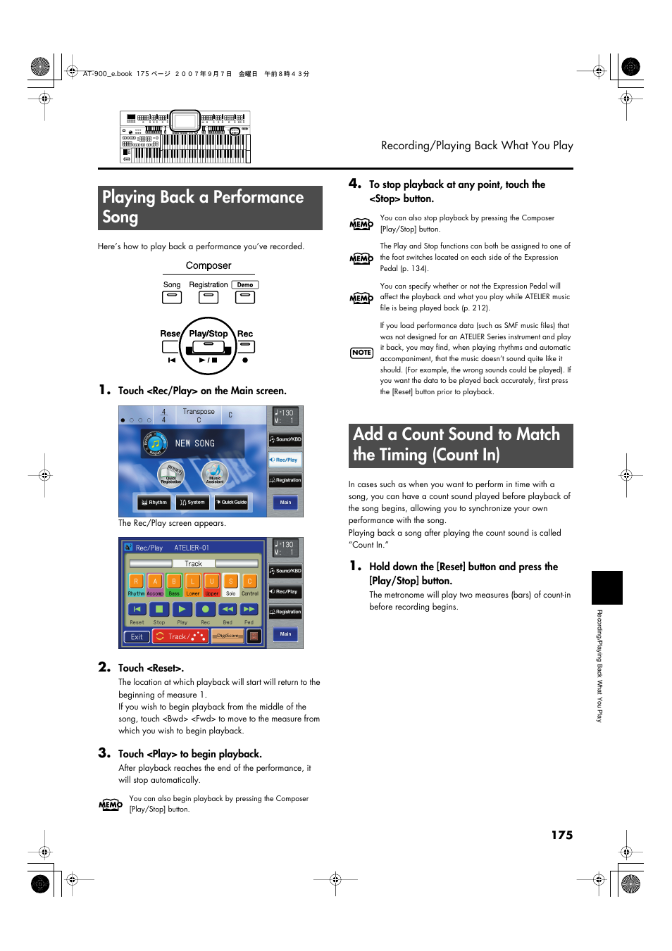 Playing back a performance song, Add a count sound to match the timing (count in) | Roland AT900C User Manual | Page 177 / 300