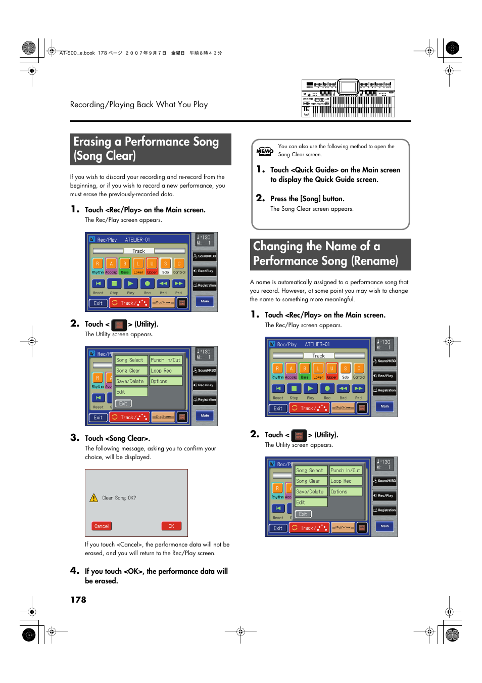 Erasing a performance song (song clear), Changing the name of a performance song (rename) | Roland AT900C User Manual | Page 180 / 300