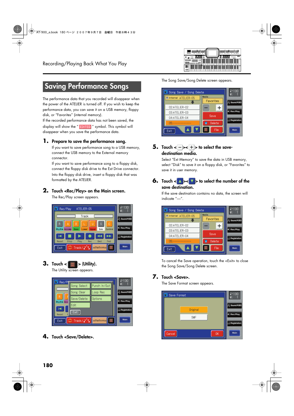 Saving performance songs | Roland AT900C User Manual | Page 182 / 300
