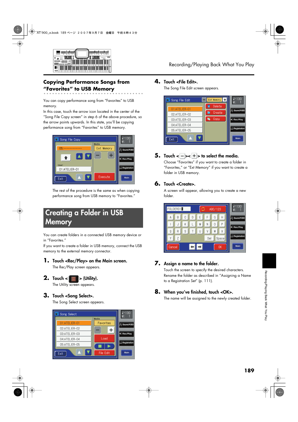 Creating a folder in usb memory | Roland AT900C User Manual | Page 191 / 300