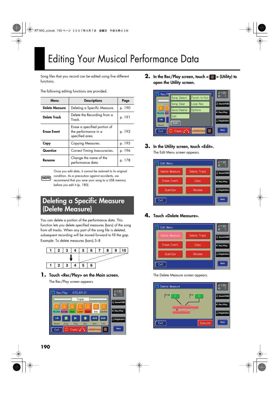 Editing your musical performance data, Deleting a specific measure (delete measure) | Roland AT900C User Manual | Page 192 / 300